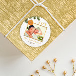 Simple Elegant Gold Merry Lemon Christmas Photo Classic Round Sticker<br><div class="desc">Modern Simple Elegant Gold Citrus Christmas Fresh Lemon orange JOY Photo Holiday sticker. Beautiful dried lemon/orange ornament hanging in a Christmas Cypress Branch. You can customize this holiday sticker with your own text and photo.</div>