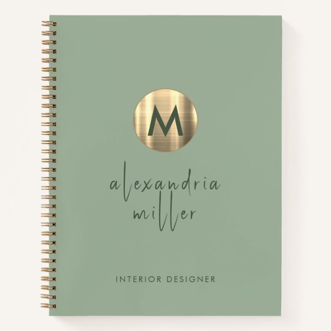 Simple Elegant Gold Monogram Sage Notebook (Front)