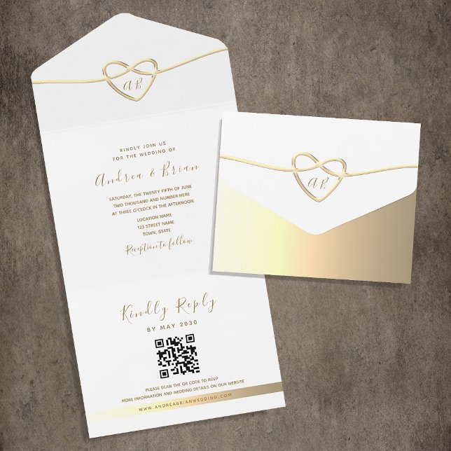 Simple Elegant Gold Monogram Wedding QR Code All In One Invitation (Creator Uploaded)