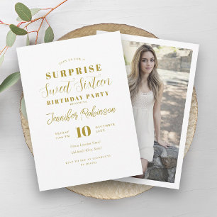 Simple Elegant Gold Photo SURPRISE Sweet 16   Invitation