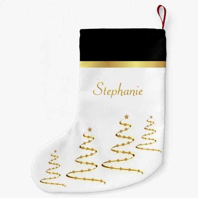 Simple Elegant Gold Ribbon Trees and Stars Small Christmas Stocking (Back)