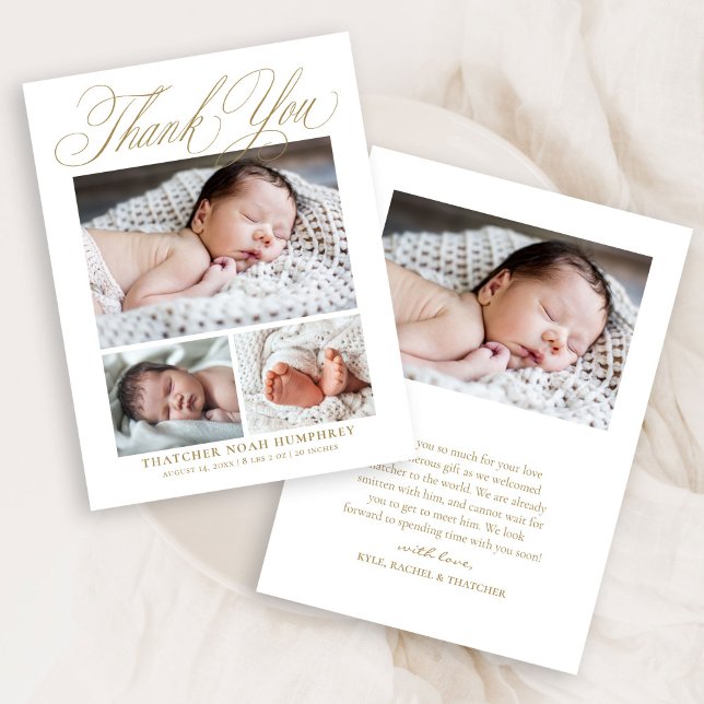 Simple Elegant Gold Script 4 Photo Baby Thank You Card (Creator Uploaded)