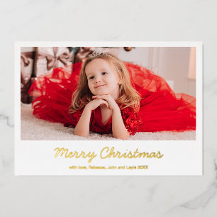 Simple Elegant Gold Script Merry Christmas Photo Foil Holiday Card