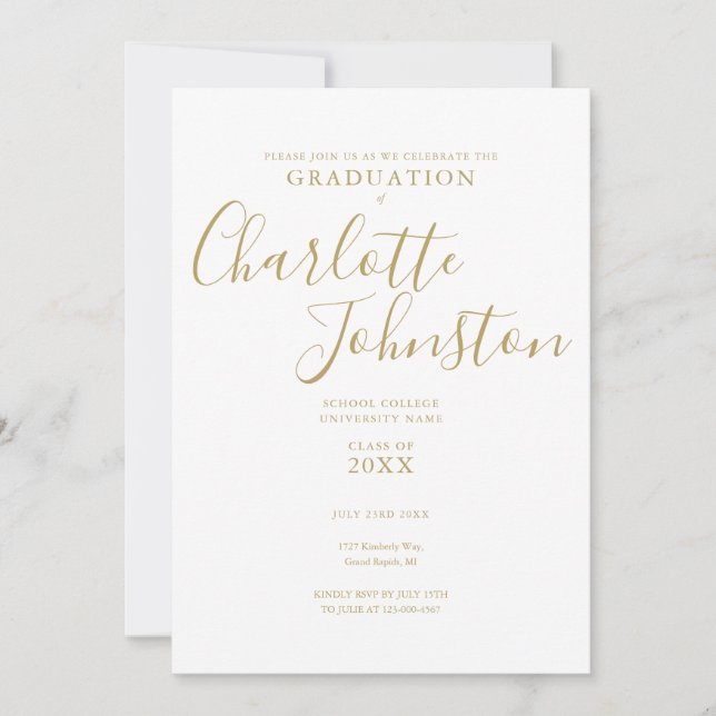 Simple Elegant Gold Script  Photo Graduation Party Invitation (Front)