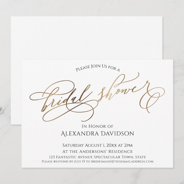 Simple Elegant Gold Typography Bridal Shower Invitation (Front/Back)