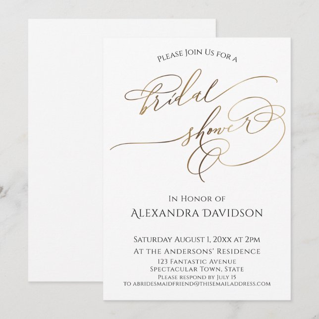 Simple Elegant Gold Typography Bridal Shower Invitation (Front/Back)