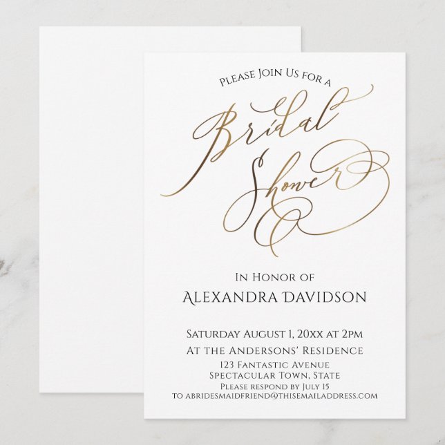 Simple Elegant Gold Typography Bridal Shower Invitation (Front/Back)