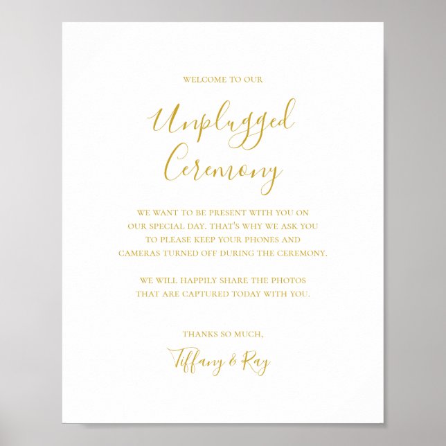 Simple Elegant Gold Unplugged Ceremony Sign (Front)