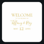Simple Elegant Gold Wedding Welcome Square Sticker<br><div class="desc">This simple elegant gold wedding welcome square sticker is perfect for your modern minimalist white and gold wedding. The design features minimal contemporary gold font accompanied by formal calligraphy. Keep it as is,  or choose to personalize it with your own artwork or photos!</div>