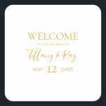 Simple Elegant Gold Wedding Welcome Square Sticker<br><div class="desc">This simple elegant gold wedding welcome square sticker is perfect for your modern minimalist white and gold wedding. The design features minimal contemporary gold font accompanied by formal calligraphy. Keep it as is,  or choose to personalize it with your own artwork or photos!</div>