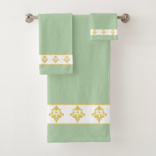 Simple, Elegant, Golden Flowers on Light Green Bath Towel Set