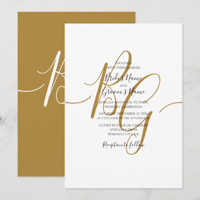 Simple Elegant Golden Initials Wedding Invitations (Front/Back)
