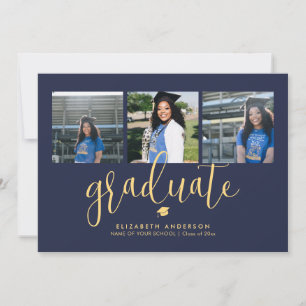 Simple Elegant Graduate 3 Photo Collage Graduation Invitation