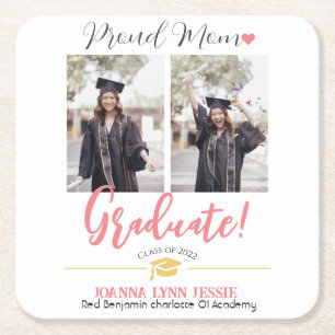 Simple Elegant Graduation gold Cap Thanks Script  Square Paper Coaster