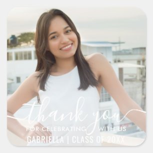 Simple Elegant Graduation Photo White Thank You Square Sticker