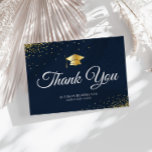 simple elegant graduation thank you postcard<br><div class="desc">A lovely gold,  blue and white design with lovely script. The text and colours can be personalized.</div>
