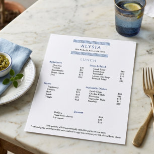 Simple Elegant Greek Restaurant Lunch Menu