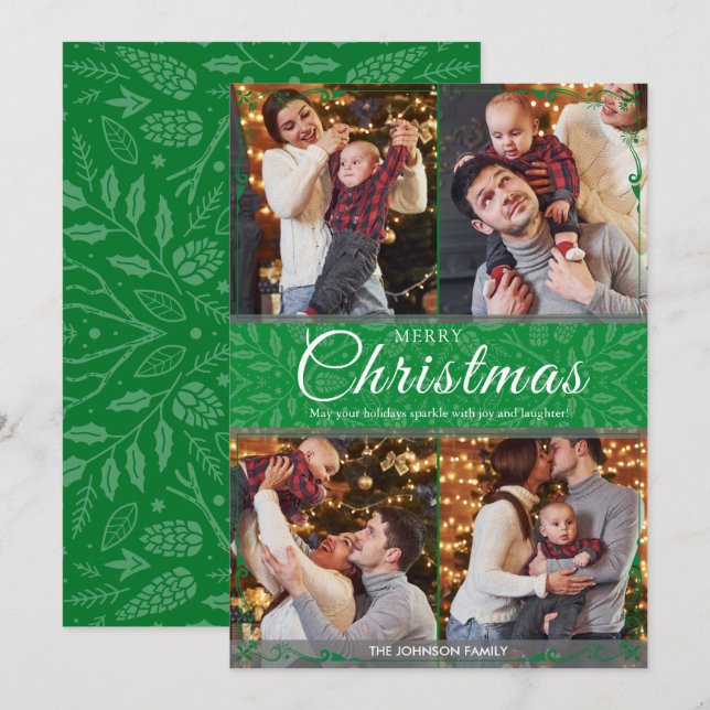 Simple Elegant Green Frame 4 Photo Christmas Holiday Card (Front/Back)