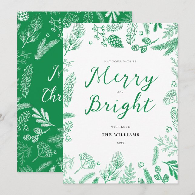Simple Elegant Green Merry and Bright Christmas Holiday Card (Front/Back)