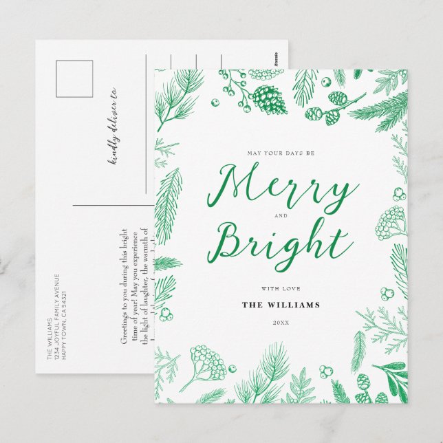 Simple Elegant Green Merry and Bright Christmas Holiday Postcard (Front/Back)
