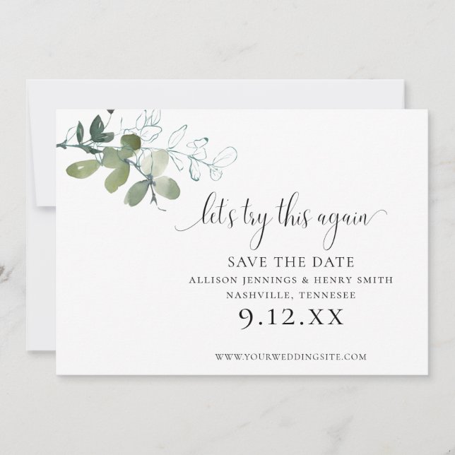 Simple Elegant Greenery Change the Date Wedding Save The Date (Front)