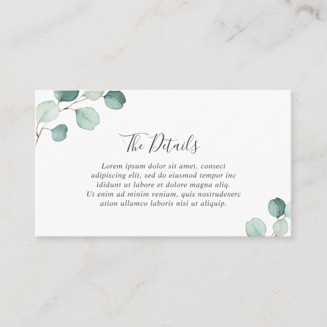Simple Elegant Greenery Eucalyptus Wedding Details Enclosure Card (Front)
