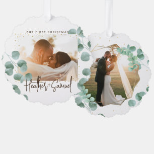 Simple Elegant Greenery Merry and Married Photo Ornament Card