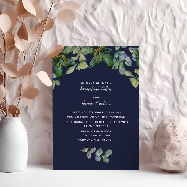 Simple Elegant Greenery | Navy Blue Wedding Invitation (Creator Uploaded)