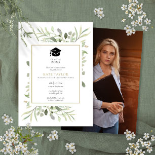 Simple Elegant Greenery Photo Graduation Party Invitation