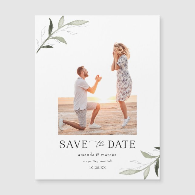 Simple Elegant Greenery Photo Save the Date Magnet (Front)