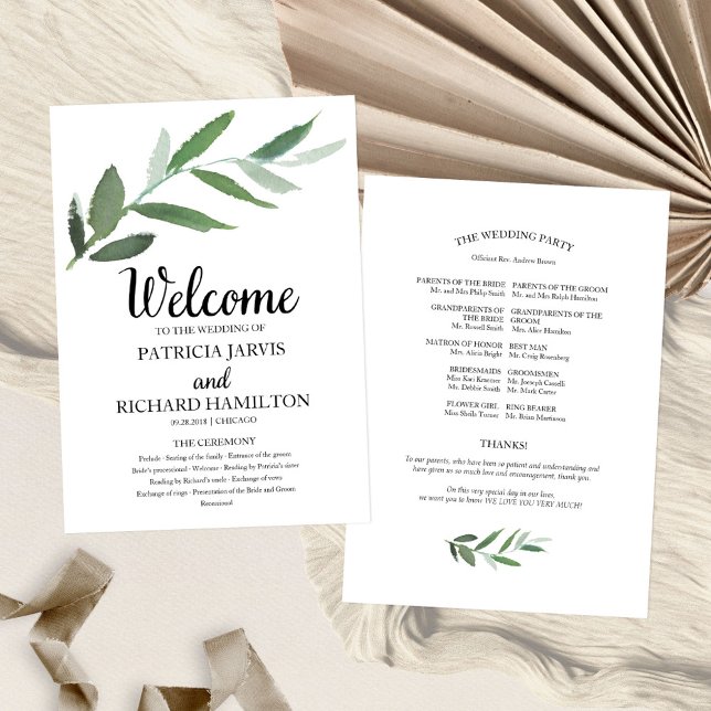Simple Elegant Greenery Wedding Programs (Creator Uploaded)