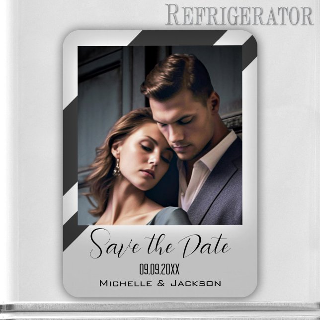 Simple Elegant Grey Striped Photo Save the Date Magnet (Save the Date magnet featuring your own photo framed by a simple grey design with stripes.)