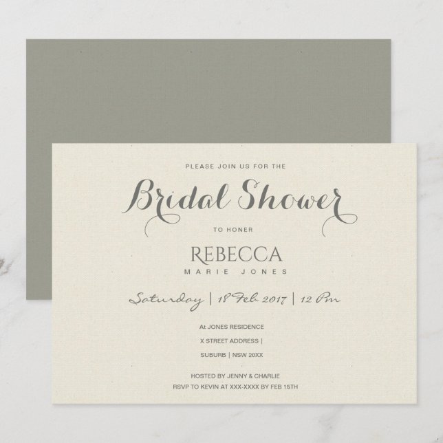 SIMPLE ELEGANT GREY TYPOGRAPHY Bridal Shower Invitation (Front/Back)