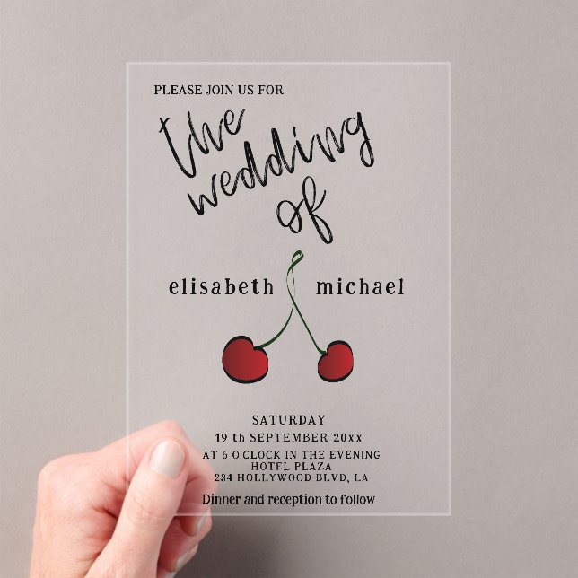 Simple elegant hand drawn whimsy red cherry acrylic invitations (Insitu (Handheld))