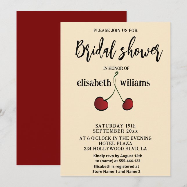 Simple elegant hand drawn whimsy red cherry invitation (Front/Back)