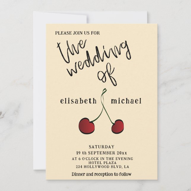 Simple elegant hand drawn whimsy red cherry invitation (Front)