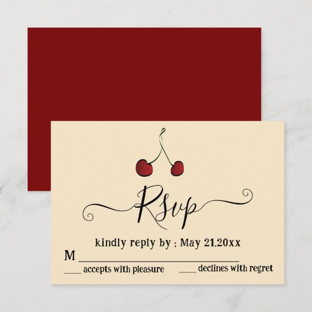 Simple elegant hand drawn whimsy red cherry RSVP card (Front/Back)