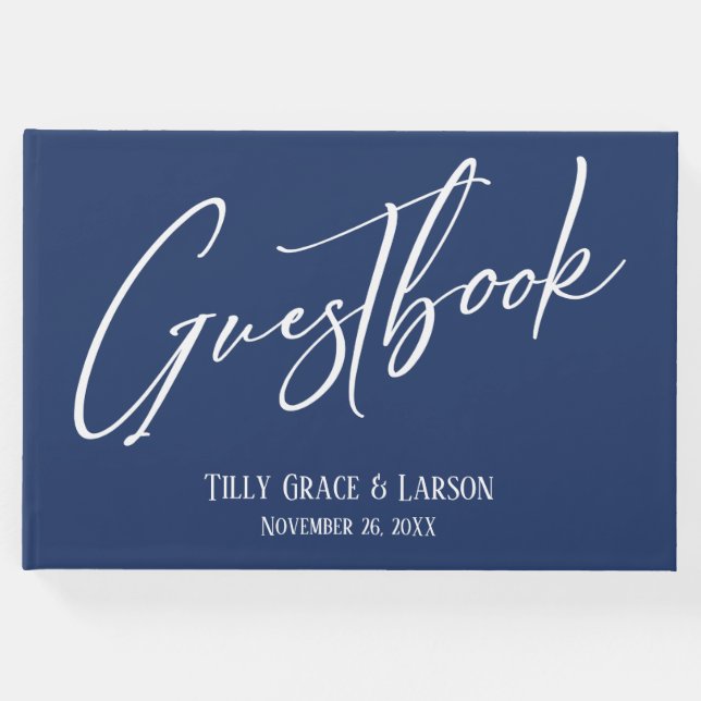 Simple Elegant Handwriting White on Navy Guestbook (Front)