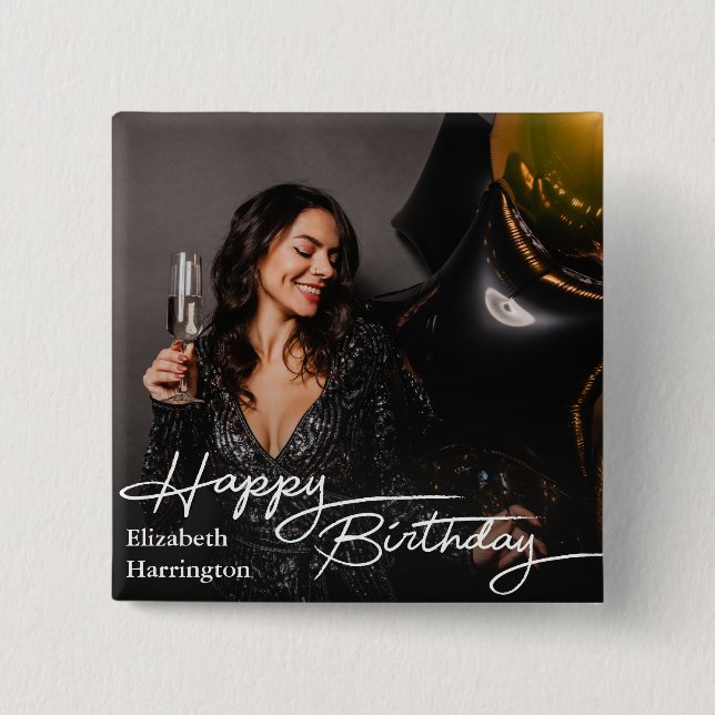 Simple Elegant Happy Birthday Photo 2 Inch Square Button (Front)