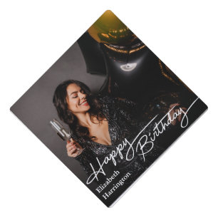 Simple Elegant Happy Birthday Photo Graduation Cap Topper
