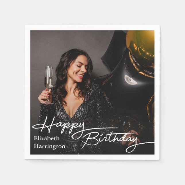 Simple Elegant Happy Birthday Photo Napkin (Front)