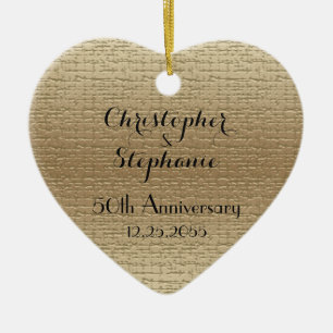 Simple Elegant Heart Golden Anniversary Christmas Ceramic Ornament