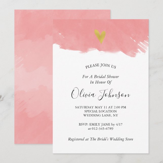 Simple Elegant Heart Pink Watercolor Bridal Shower Invitation (Front/Back)
