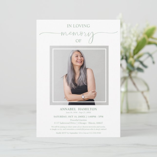 Simple Elegant In Loving Memory Funeral Photo Invi Invitation (Standing Front)