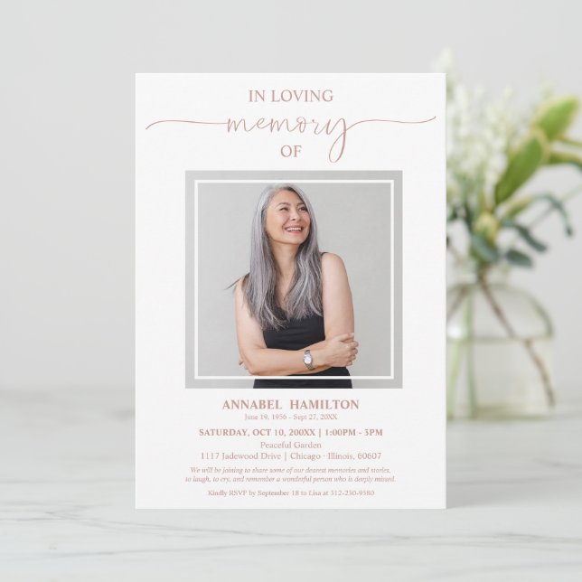 Simple Elegant In Loving Memory Funeral Photo Invitation (Standing Front)
