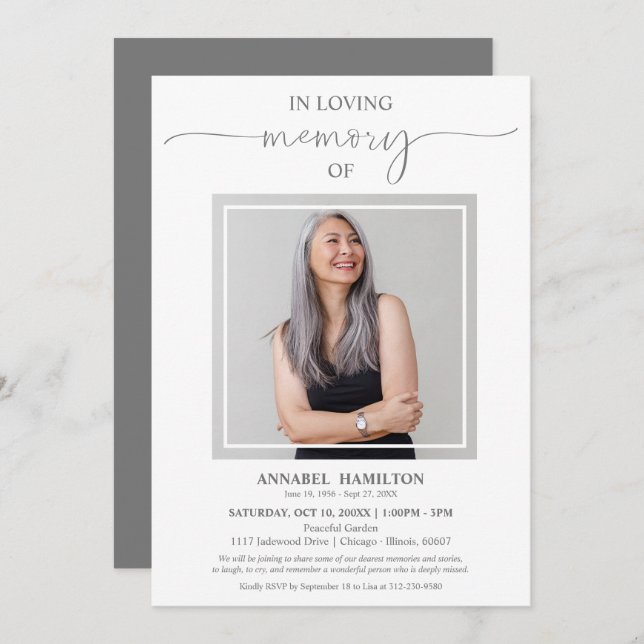 Simple Elegant In Loving Memory Funeral Photo Invitation (Front/Back)