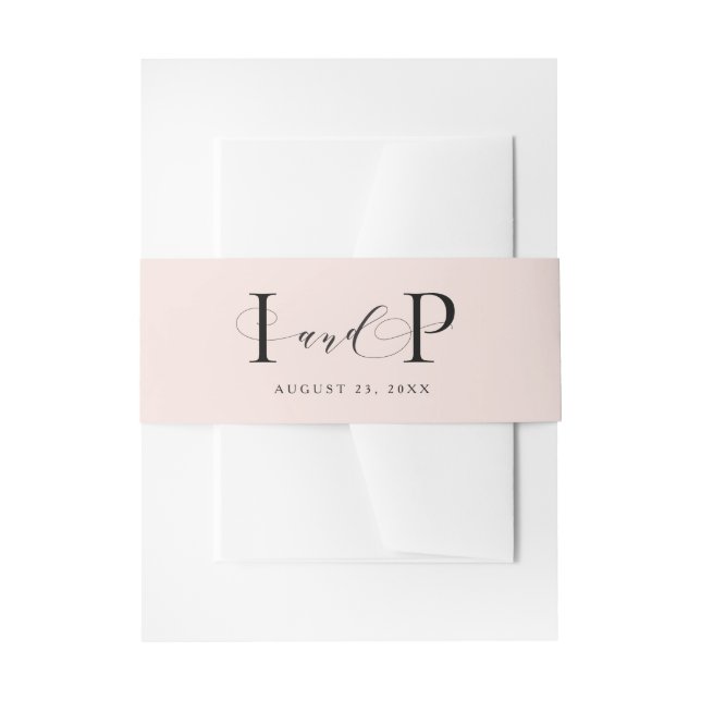 Simple elegant initial blush wedding invitation belly band (Front Example)
