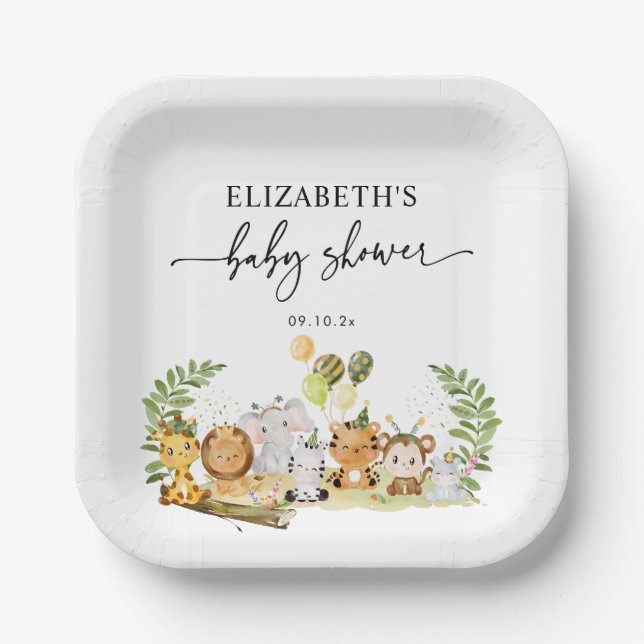 Simple Elegant Jungle Animals Baby Shower  Paper Plate (Front)
