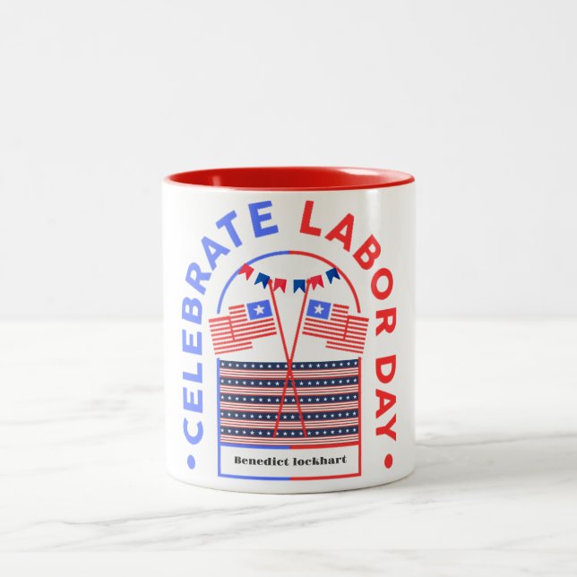 Simple Elegant Labour Day with USA flag Two-Tone Coffee Mug (Center)
