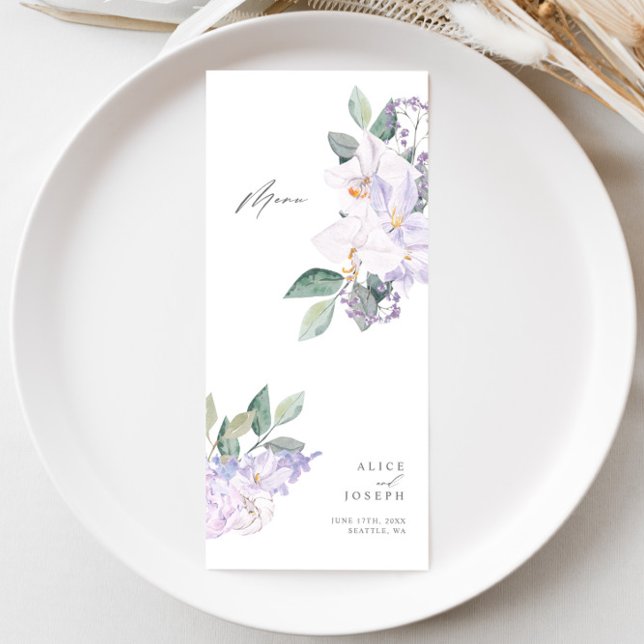 Simple Elegant Lilac Watercolor Wedding Dinner Menu (Simple Elegant Lilac Watercolor Wedding Dinner Menu)